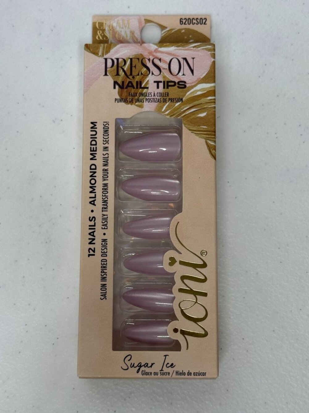 Ioni Cream & Sugar Press On Nails Sugar Ice Pink Almond Medium 12 Count Coquette